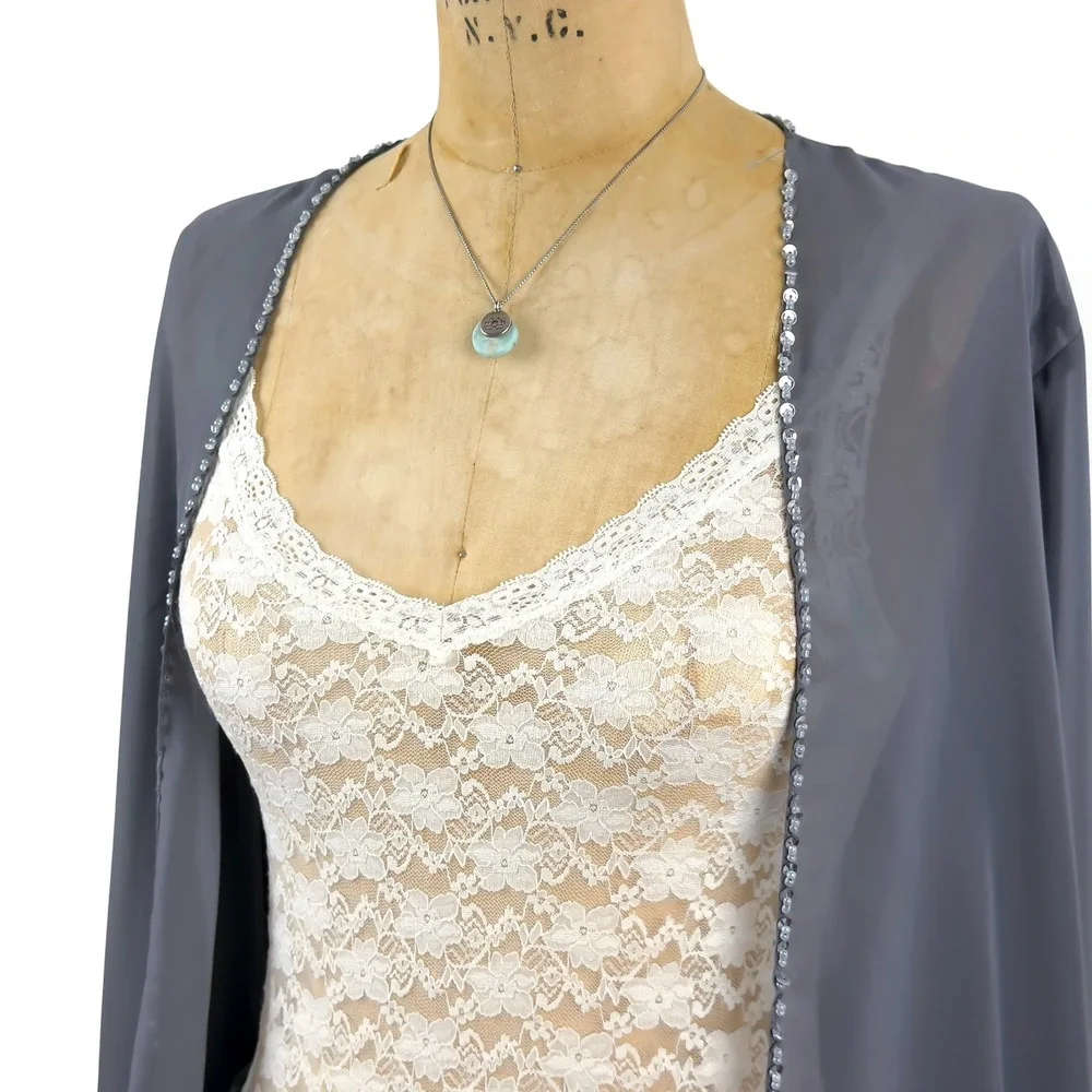Y2K Sequin Trim Sheer Cardigan Open Front Fairy Grunge Whimsical Size M-XL - Picture 6 of 10